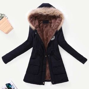 Black Contrast Lined Hood Parka Coat